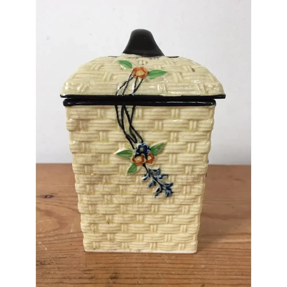 Vintage Hotta Yu Shoten Japanese Japan Basketweave Majolica Nutmeg Spice Jar